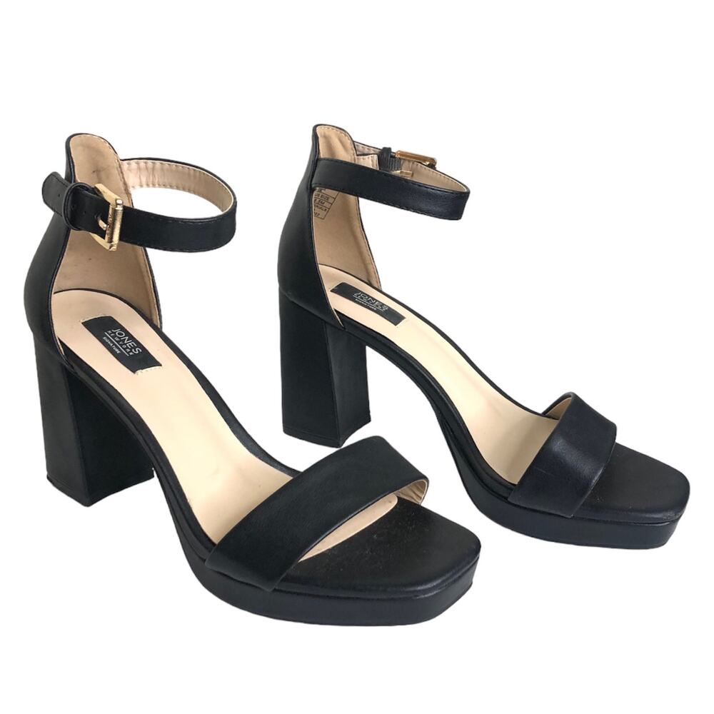Jones New York Block Heel Sandal Black Ankle Strap Platform Metallic Accent 8.5
